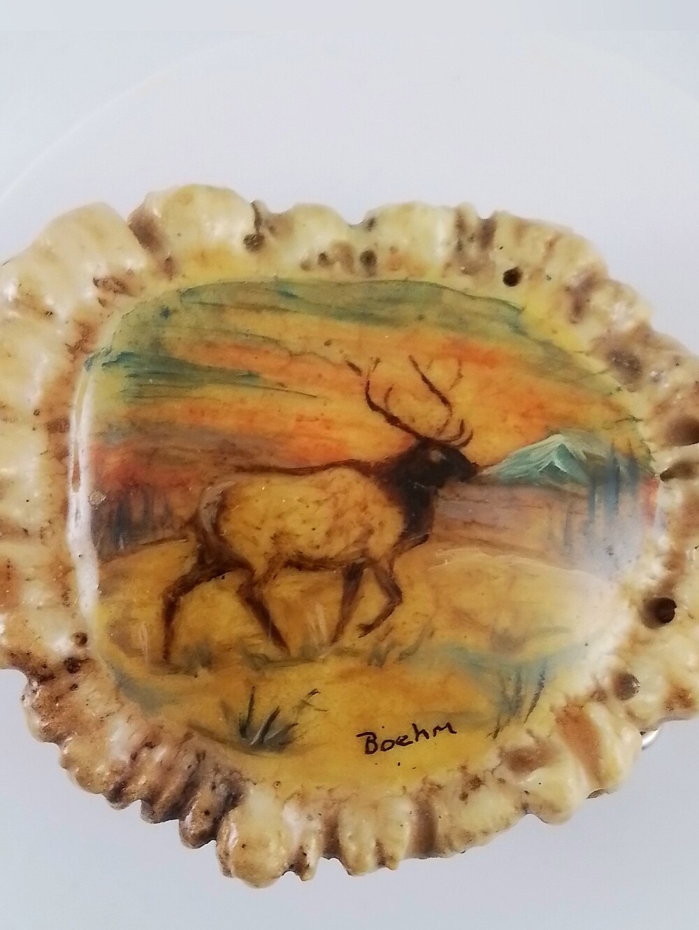 Boehm Signed Antler Belt Buckle w/ Elk Scene – Hand Painted Rustic Western Decor